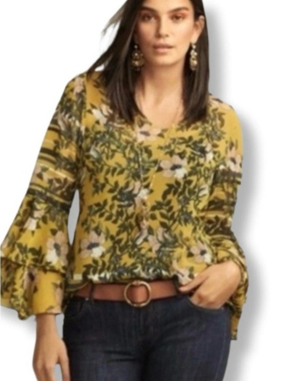 CAbi Mustard Floral V-Neck Bell Sleeve Tunic
